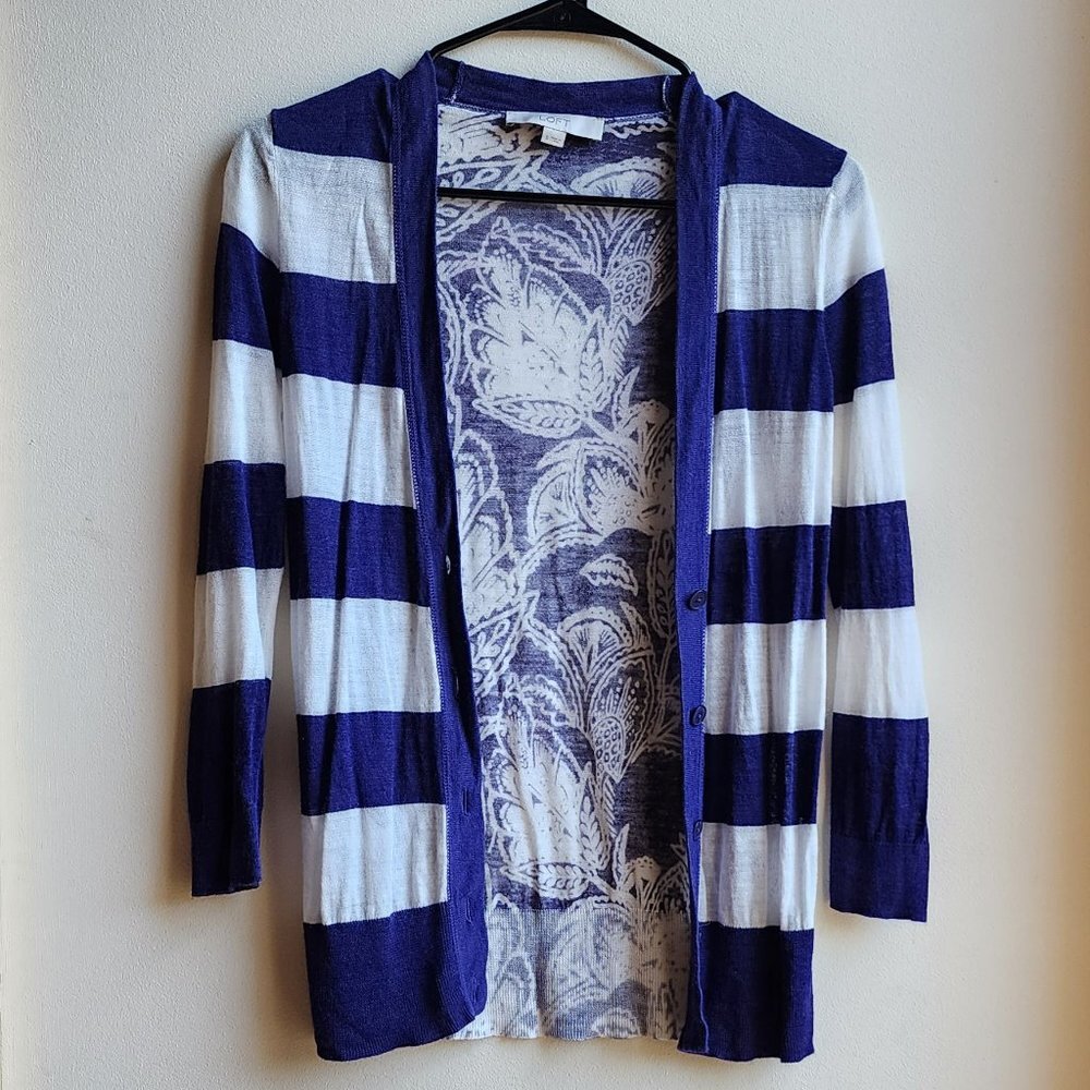 LOFT Purple/White Striped Mixed Media Cardigan Sweater Size Small